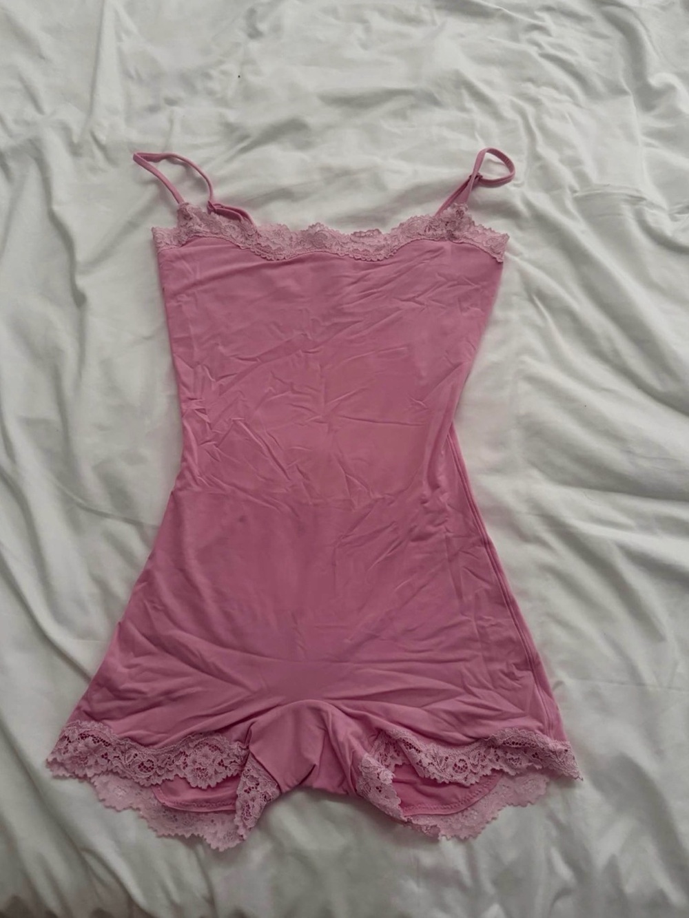 Women's Pink Lace-Trim Slip Romper